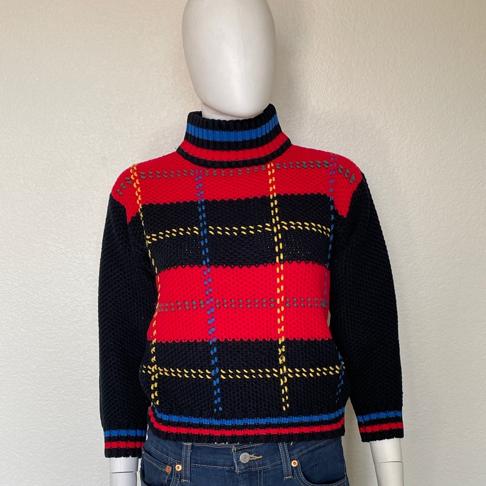 Vintage 80’s Knitted Turtleneck Red Black Blue Color Block Long Sleeve Sweater